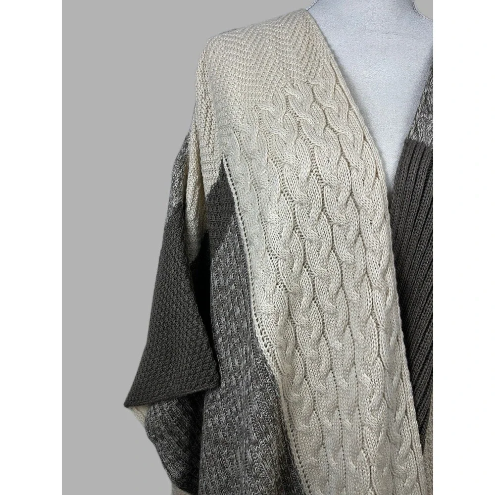 Knox Rose Womens XXL Colorblock Cable Knit Open Fringe Poncho Cardigan